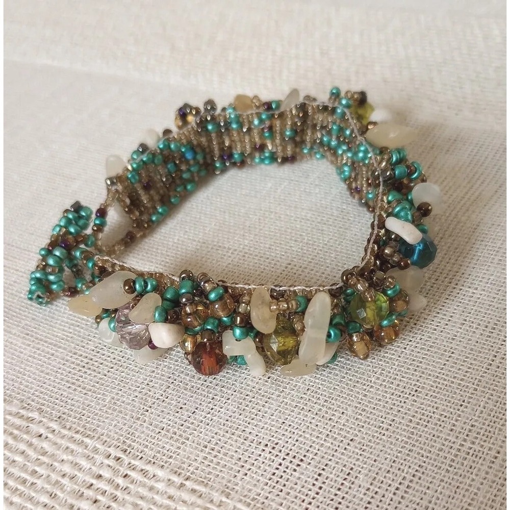 Handmade Beaded Peyote Stitch Bracelet With Clear Sea Glass  7.5 Inches